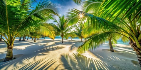 Fototapeta premium Palm trees cast long shadows on the pristine white sand beach, with the sun shining through the leaves