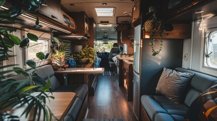 Interior of a caravan trailer. Panoramic view. Bedroom, dining room, kitchen. Local business concept. Netherlands. RV, motorhome, transportation, road trip, traveling, ecotourism, lifestyle, comfort