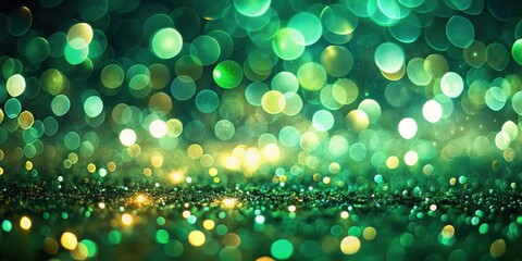 Obraz premium Abstract Green and Gold Glitter Bokeh Background with Sparkling Lights and Blurred Circles