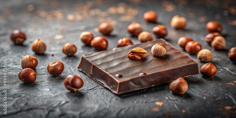 Poster A close-up shot of a dark chocolate bar with a hazelnut nestled on top, surrounded by a scattering of whole hazelnuts on a dark surface.