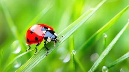 Fototapeta premium Close-up image of ladybugs on dewy green grass, bright red illuminated by the sun.