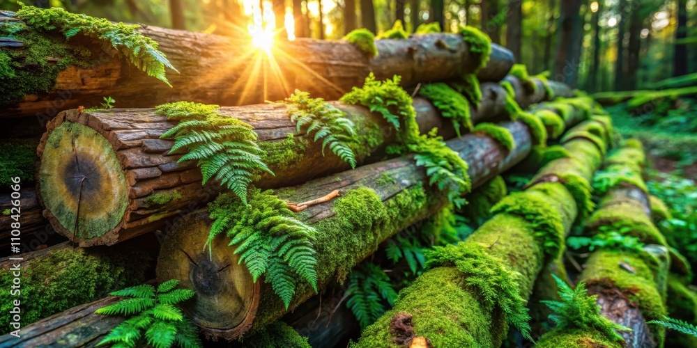 Poster Sunlight filters through the canopy, illuminating a dense pile of moss-covered logs, creating a symphony of green hues and textures in the forest floor.