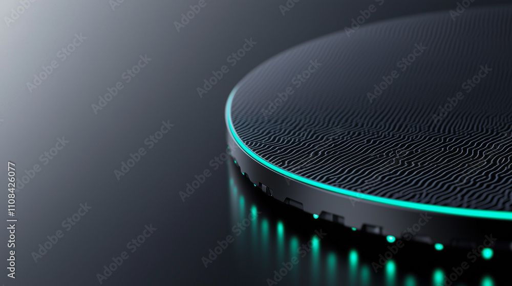 Poster black surface with embossed shape and turquoise illuminated trim. tech background with neon circle