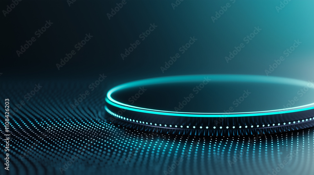 Poster black surface with embossed shape and turquoise illuminated trim. tech background with neon circle