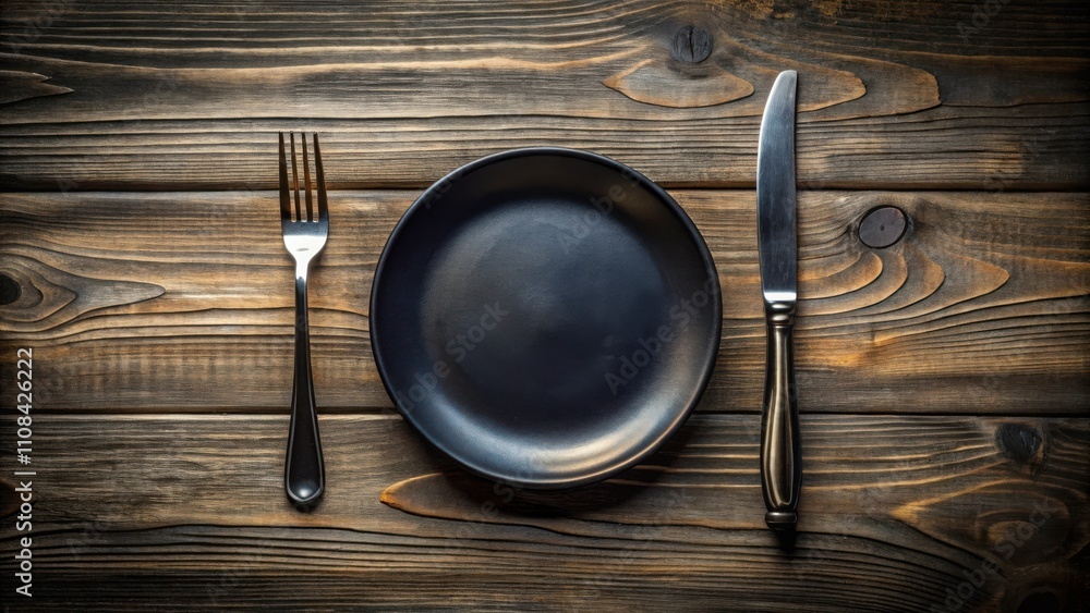 Poster a black plate with a fork and knife set against a rustic wooden background, a minimalist table setti