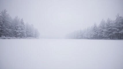 Fototapeta premium Vast empty snowy landscape with frosty trees, winter scenery, panoramic
