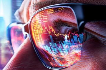 Closeup of eye with data visualization reflecting in glasses, showcasing vibrant graphs and charts, symbolizing technology and finance