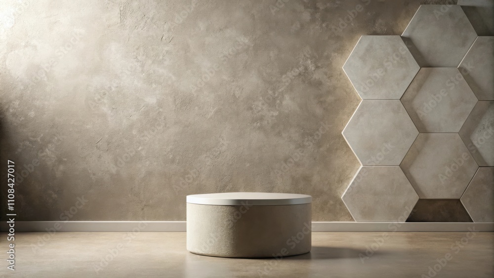 Poster minimalist product display with a textured concrete wall and hexagonal tile pattern