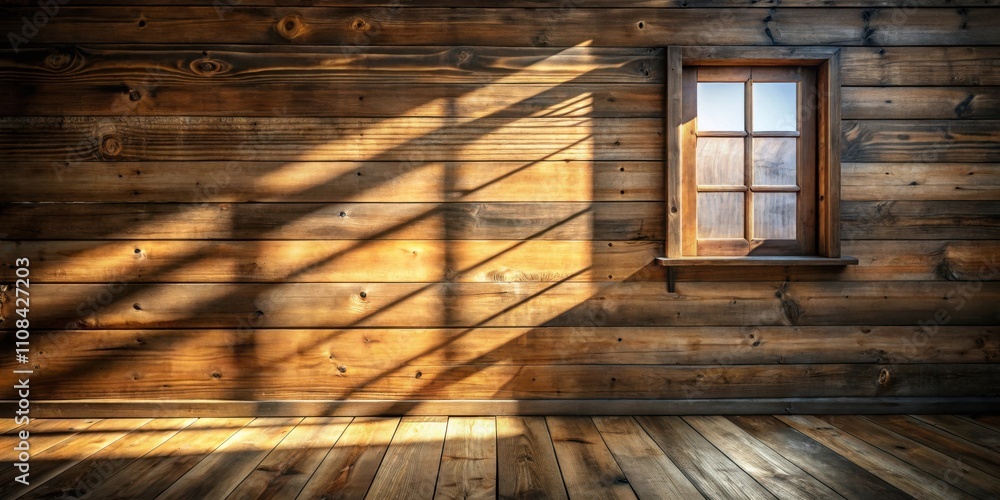 Poster Sunlight streams through a window in a rustic wooden cabin, casting long shadows across the floor and walls.