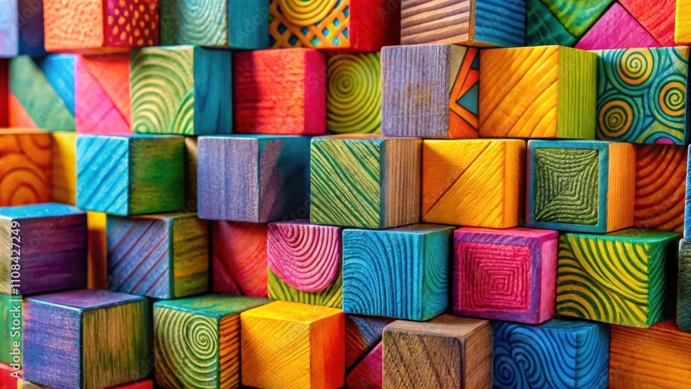 Poster A vibrant display of wooden cubes, each adorned with unique patterns and colors, showcasing the beauty of handcrafted artistry.