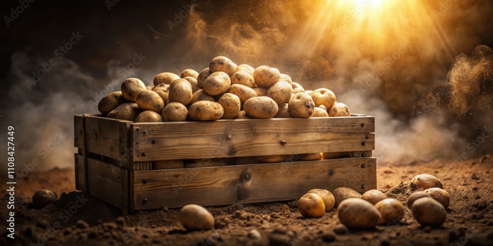 Poster a full crate of freshly harvested potatoes in a field of brown soil with dust in the air from the ha