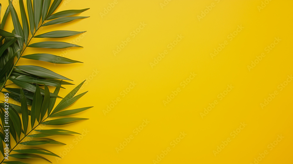 Poster blank yellow display on vivid summer background with minimal style. blank stand for showing product