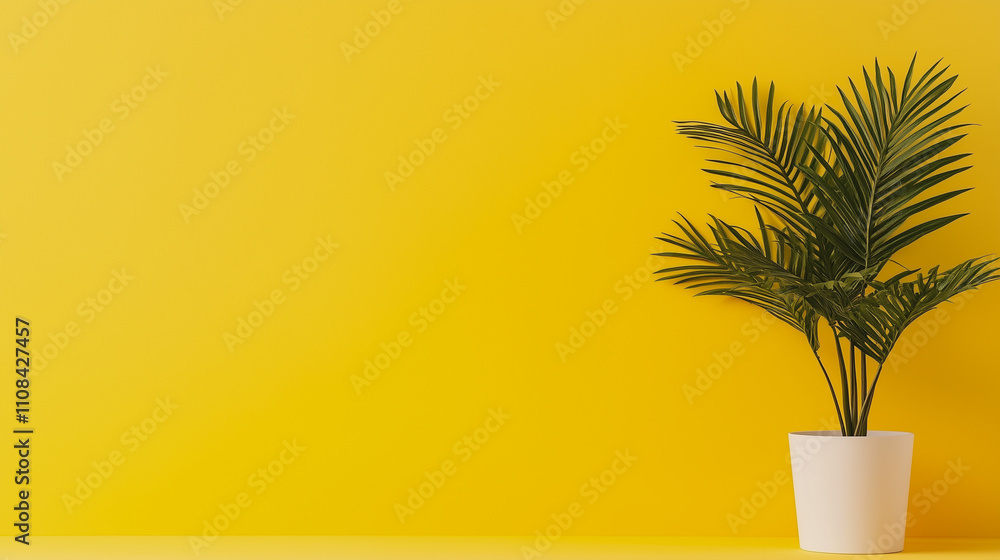 Poster blank yellow display on vivid summer background with minimal style. blank stand for showing product