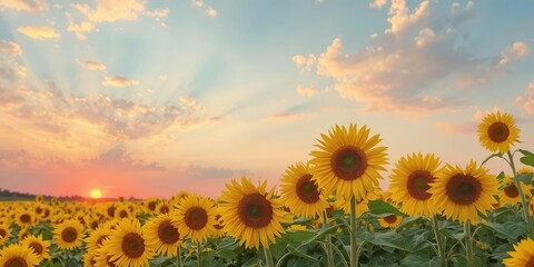 Fototapeta premium Vibrant sunflower field at sunset with colorful sky, beauty, colorful, vibrant