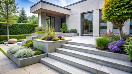 Fototapeta premium Modern home exterior with a landscaped garden featuring a cascading stone stairway and lush greenery