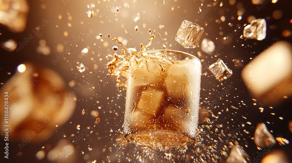 Poster refreshing beverage splash in glass with ice cubes, creating dynamic motion. scene captures essence 