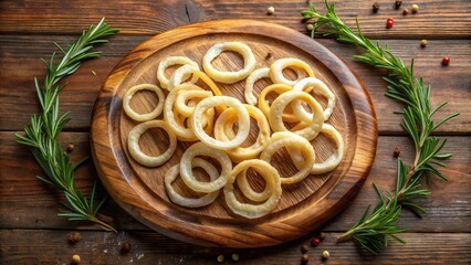 Fototapeta premium A rustic wooden board adorned with crispy, golden-brown onion rings, surrounded by fresh sprigs of rosemary and peppercorns for a flavorful culinary delight.