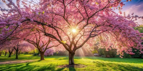 Fototapeta premium A vibrant cherry blossom tree stands tall in a park, its branches laden with delicate pink flowers, as the sun peeks through the canopy, casting a warm glow on the lush green grass