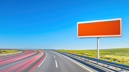 Empty highway with large blank billboard against blue sky, showcasing serene landscape. vibrant colors evoke sense of openness and freedom