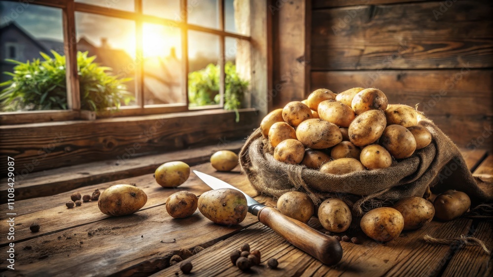 Poster a rustic still life featuring a bountiful harvest of potatoes in a burlap sack beside a window with 