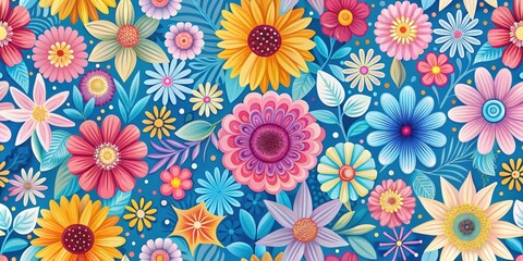 A vibrant and colorful floral pattern with various flower types and leafy details on a blue background.