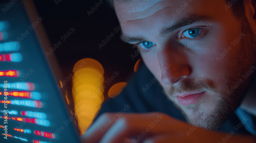 Poster focused individual working intently on laptop at night, immersed in coding and technology. soft glow