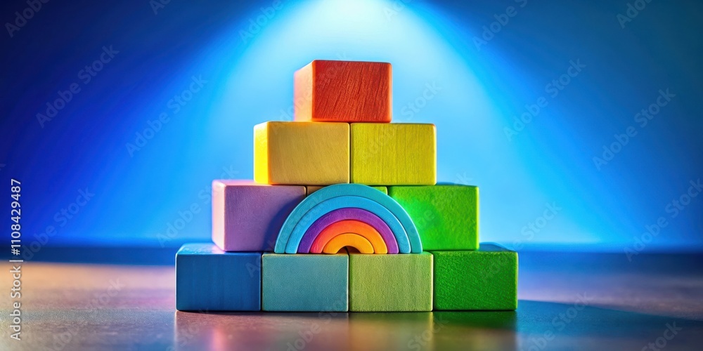 Poster a colorful wooden rainbow arch nestled amidst a pyramid of colorful blocks, illuminated by a soft bl
