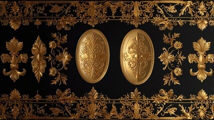 Naklejka premium Here's a possible and keyword list for the image.. Gold ornate elements on black background; decorative, floral, and oval shapes.