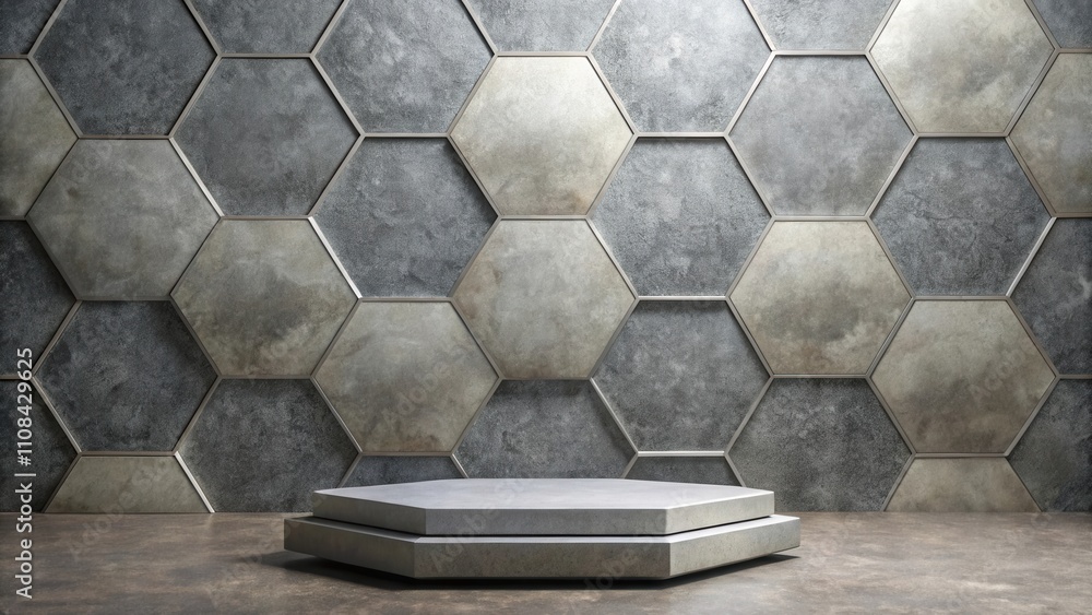 Fototapete a minimalist concrete hexagonal tile wall backdrop with a layered gray concrete podium, ready to dis