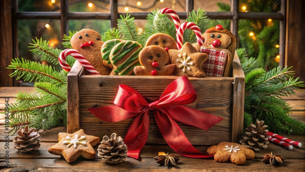 Poster a festive collection of christmas cookies in a wooden crate with a red bow and pine branches