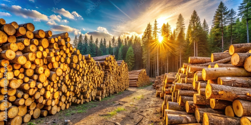 Aufkleber stacks of freshly cut logs in a forest illuminated by the golden rays of the setting sun