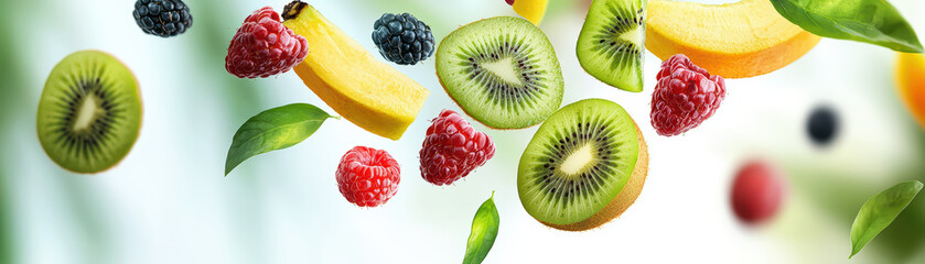 Fototapeta premium Fresh fruits falling with vibrant colors and green leaves create lively scene. assortment includes kiwi, raspberries, and banana, evoking sense of freshness and vitality
