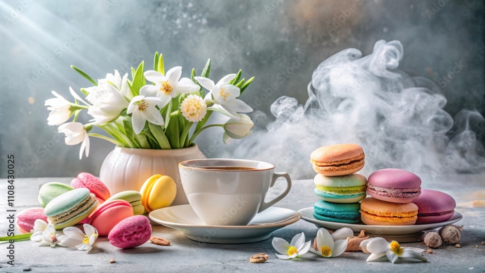 Poster a steaming cup of coffee and colorful macarons arranged on a table with a bouquet of white flowers i