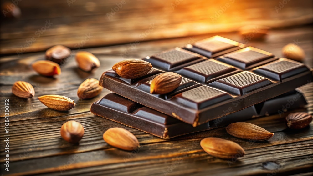 Poster a stack of dark chocolate bars with almonds scattered on a rustic wooden surface, illuminated by war
