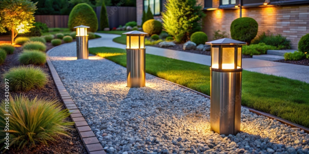 Poster a stone path lined with illuminated cylindrical lanterns leading through a landscaped garden with lu