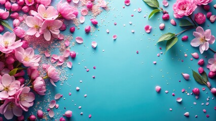 Fototapeta premium Delicate pink blossoms scattered on a vibrant blue background, creating a whimsical and elegant spring floral design.