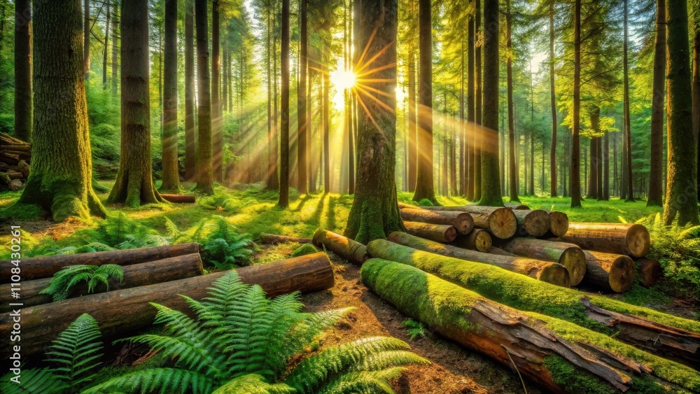 Aufkleber sunbeams penetrate the dense canopy of a lush forest, illuminating a clearing where fallen logs lie 