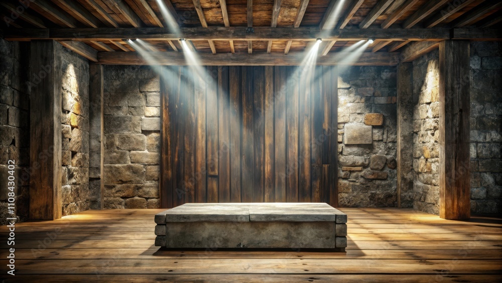 Poster rustic stone and wood room with a stone platform in the center, illuminated by spotlights shining th