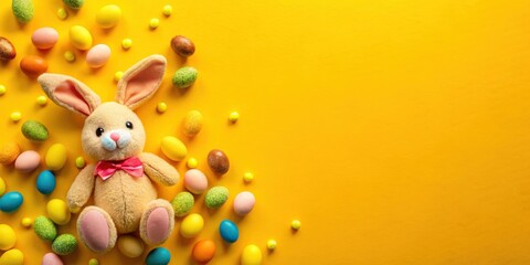 Fototapeta premium A plush bunny with a pink bow surrounded by colorful Easter eggs on a vibrant yellow background.
