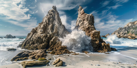 A huge rock formation on the beach, with crashing waves and sea spray splashing around it.