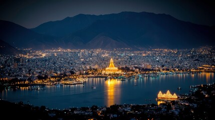 Fototapeta premium Breathtaking night view of illuminated cityscape lakefront photography urban environment aerial perspective beauty