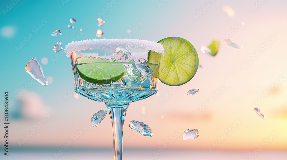 Poster refreshing cocktail with lime and ice, garnished with lime slices, surrounded by ice shards. perfect
