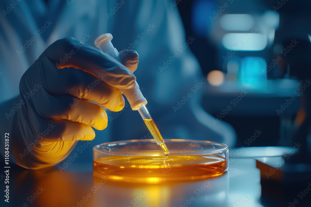 Poster scientist conducts experiment with liquid in laboratory setting, showcasing precision and focus. vib