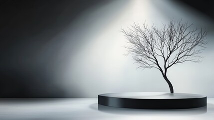 Obraz premium Stark bare tree silhouette in black, modern podium with reflective surface, dramatic and moody atmosphere