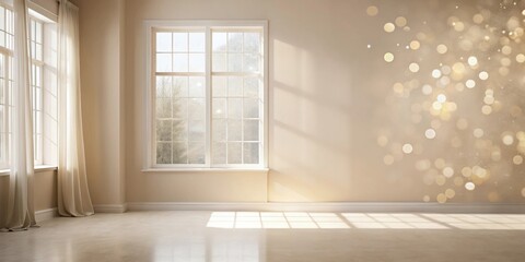Fototapeta premium Empty room with a large window letting in sunlight and casting shadows on the beige floor
