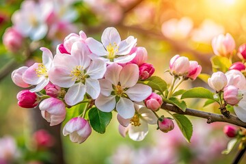 Fototapeta premium Apple Blossom Branch, High Depth of Field, Spring Flowers, Pink White Blossoms, Macro Photography, Detailed Image, Nature Photography, Floral Photography