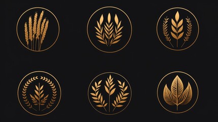 A collection of elegant golden plant icons on a black background, showcasing various foliage designs.