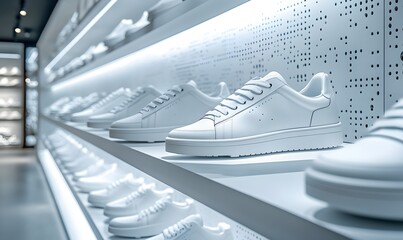 a store wall filled with white sneakers in different shades and finishes