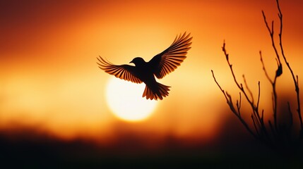 Fototapeta premium A bird flying silhouette with wings spread wide, against a dramatic orange sunset.