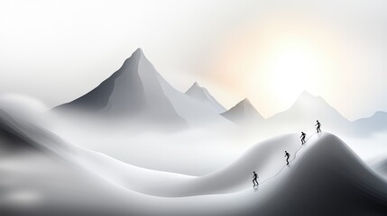 Fototapeta premium A collection of mountain silhouettes with tiny figures climbing and exploring peaks, dynamic angles